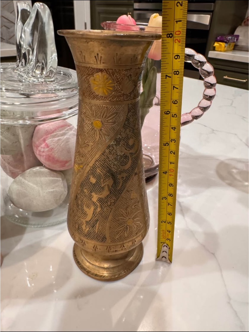 Vintage VTG Solid Brass Floral Inlay 8" Flower Vase -Ivan Palace New Delhi India - Picture 9 of 11